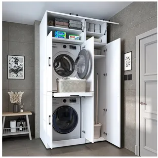 roomart Waschmaschinenschrank Dora Set für Trockner & Waschmaschine, in 4 Farben, mit Türen & Ausziehbrett • Weiß • Weiß Eiche • Anthrazit Eiche • Eiche (Weiß)