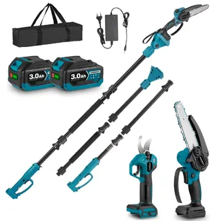 Yofidra 4-IN-1 Akku Kettensäge & Astschere mit Teleskop, blau | Bürstenlos 25mm Baumschere, 6 Zoll Mini Kettensäge, mit 200cm Teleskopstange, 180° Einstellbarer Winkel, 2 x 3.0Ah Akkus,