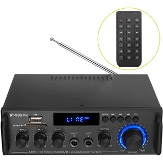 PROZOR Audio Power Stereo Verstärker Bluetooth 5.0 Verstärker HiFi Stereo Amplifier mit 2 Kanal, Bass Treble Tuner, Fernbedienung Digital Endstufe Mini Audio Verstärker für PC Heimkino 50Wx2 12V