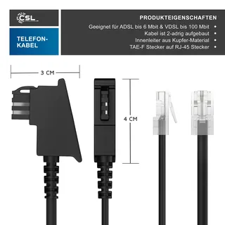 CSL - Internet Kabel Routerkabel - TAE-F Stecker auf RJ45 Stecker - 20m - Internetkabel - Router an die Telefondose, TAE - schwarz