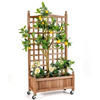 COSTWAY Blumenkasten mit Rankgitter, Pflanzkasten Holz auf Rollen, Pflanzkübel mit Sichtschutz, für Kletterpflanzen, Hochbeet mit Spalier & Drainagelöchern, für Garten Balkon, 64 x 28 x 127 cm, Braun