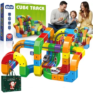 Clickrail Electric Train Set Flexible Race Track, 123PCS Clickrail Train Rail Cube, Gravity-Defying 3D Embedded Layouts & Motorized Car, Flexible Race Car Magnetic Track Set, for Kids (123PCS')