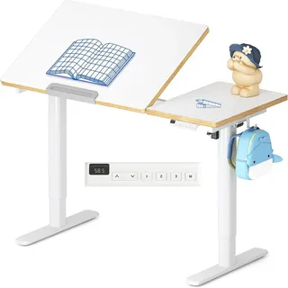 FLEXISPOT Kinderschreibtisch, Elektrisch höhenverstellbar mit neigbarer Tischplatte, LED-Höhenanzeige, 3 Speicherplätzen & Kindersicherung, 110... - Weiß