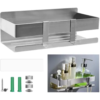 TETEWEVER 1 Stück Duschablage Ohne Bohren Edelstahl Duschregal mit 2 Haken Duschkorb Selbstklebend Badezimmer Regal 23cm Bathroom Organizer, für Shampoos Duschgels und Küchenutensilien