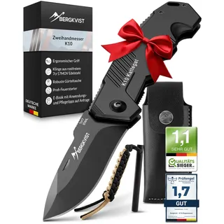 BERGKVIST® K10 Klappmesser (Zweihandmesser) - scharfes Taschenmesser für Outdoor & Survival mit Feuerstahl & Tasche - Mitführen in Deutschland erlaubt - Vollmetall