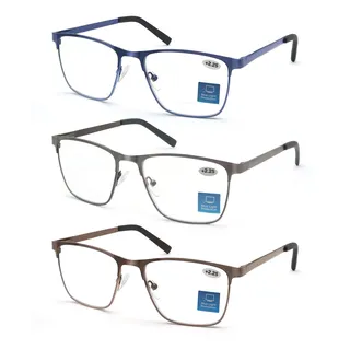 MODFANS 3er-Pack Lesebrille Herren Blaulichtfilter Metallrahmen Rechteck Stil Edelstahl Material
