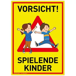 König Werbeanlagen Großes Schild Vorsicht! Spielende Kinder | 30x42cm | wetterfestes PVC-Schild mit UV-Schutz | signalgelb | Achtung Spieplatz | Langsam! Spielende Kinder