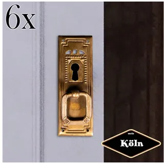 Antikas Möbelbeschlag Schlüsselplatte mit Griff, Eisen in Antikmessing, Serie "Köln", 6er