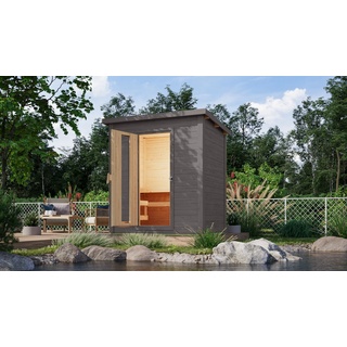 Woodfeeling Karibu Gartensauna Saunahaus Hytti 1 terragrau Energiesparende Saunatür Ohne Ofen inkl. 8-teiligem gratis Zubehörpaket (Gesamtwert 191,92€)