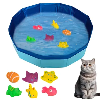 ACAREY Katzen Pool, Katzenpool mit 6 Fischen 30x10cm, Tragbares Katzen Hundepool, Faltbar Mini Pool, für Katzen und Hunde zum Spielen Baden Verwendet