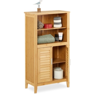 Relaxdays Badezimmerschrank Bambus, HBT: ca. 92 x 50 x 25 cm, Badschrank mit Türen in Lamellen-Optik, natur, 1 Stück