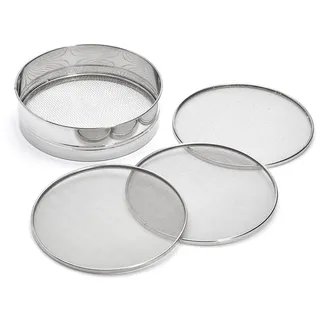 De Buyer - Edelstahlsieb mit 4 auswechselbaren Siebeinsätzen (3mm/ 2mm/ 1mm/ 0,5mm Durchmesser) - 4605.21, Silber