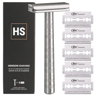 Henson Shaving Razor – Aluminium-Sicherheitsrasierer mit 5 Ersatzklingen – 30° abgewinkelte Präzision mit überlegener Klingensteifigkeit – wiederverwendbare Einklingen-Rasierer für Männer und Frauen