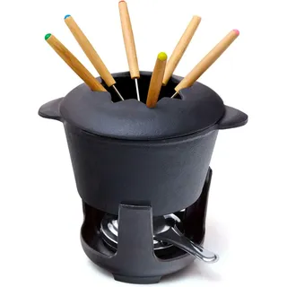 Bonvivre Gusseisen Fondue Set für 6 Personen | 1 Liter | Fondueset 9-teilig mit Brenner und Gabeln | Emailliert Rot
