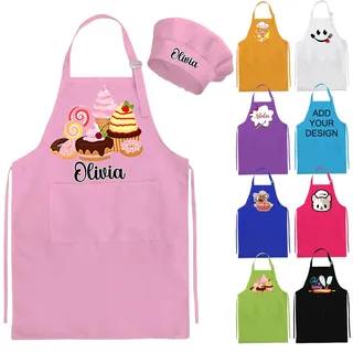 Nevaou Kinderschürze und Kochmütze, personalisierbar, Kinderschürze, Name, Kochen, Backen, Küche, Malerei, Jungen, Mädchen, Geschenk, Pink, Medium / Large - M-L