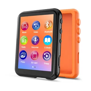 QNGEE 32 GB MP3-Player mit Bluetooth 5.3, 2,4-Zoll-Touchscreen, FM-Radio, Sprachaufzeichnung, Hi-Fi-Sound, E-Book-Funktion, Speichererweiterung bis 512 GB, inkl. Orange Schutzhülle