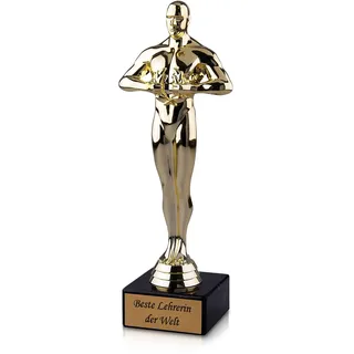 Pokal-Fabrik - Goldener Pokal 24 cm aus hochwertigem Kunststoff mit Gravur - Geschenk-Trophäe Siegerfigur Viktor mit Marmorsockel - Personalisiertes Geschenk für Lehrerin als Zeichen der Wertschätzung