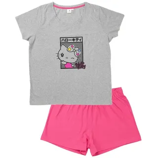 UNITED LABELS Hello Kitty Schlafanzug für Damen - Pyjama Set Kurzarm Oberteil mit Shorts Grau/Pink (DE/NL/SE/PL, Alphanumerisch, XL, Regular, Regular, Grau/Pink) - XL