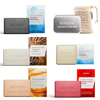 SKINBRO Probierset Männer – 4 festen Duschseifen & festen Shampoo, Aufbewahrungsbox & Sisalsäckchen – Vegan & Nachhaltig, – Perfektes Geschenkset für Männer - Nachhaltige Duschseife für Haar & Körper