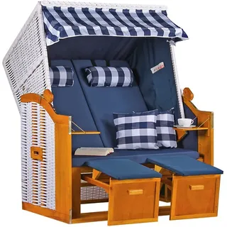 Mr. Deko Strandkorb Ostsee Wacholder PE Weiß Dessin Uni Karo Blau