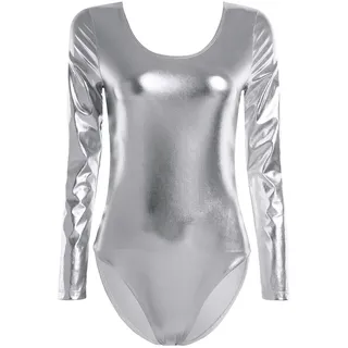 TiaoBug Damen Glänzend Ballettanzug Langarm Ballett Trikot Tanz Body Metallic Turnanzug Gymnastikanzug Dancewear Silber S - S