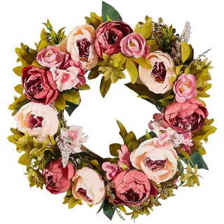 Vevor Künstlicher Dekokranz, 48,26cm, Rosa, dekoriert mit Pfingstrosen, Hortensien, Schleierkraut, Türkranz für alle Jahreszeiten, als Dekoration für Zuhause, Wände, Fenster, Festivals und Hochzeiten