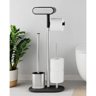 QUALISH® Toilettenpapierhalter Stehend Mit Bürste (Silikon) - Klopapierhalter Aus SS201 Edelstahl - WC Garnitur - Klorollenhalter - Toilettenpapierhalter Mit Bürste (Schwarz)