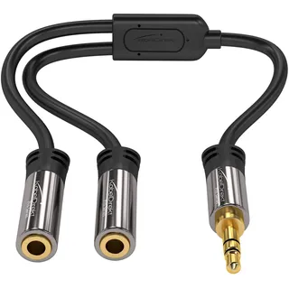 KabelDirekt – 3,5-mm-Y-Adapter & Klinken-Splitter & AUX-Verteiler (1×3,5-mm-Stecker auf 2×3,5-mm-Buchse, Zwei Kopfhörer an EIN Smartphone/Tablet/Notebook anschließen, Stereo, 10 cm, schwarz)