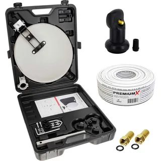 PremiumX Camping SAT Anlage Single LNB 10m Kabel 2x F-Stecker Tischhalter Masthalter Saugfuß im Koffer