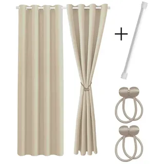 Cozyor Vorhang Set mit 2x Gardine + 2x Vorhanghalter + 1x Gardinenstange ohne Bohren (2 St), Ösen, verdunkelnd, Polyester, blickdicht beige Driftwood, Thermo Gardine 200x135 cm mit Magnethalter, Flur & Fenster beige