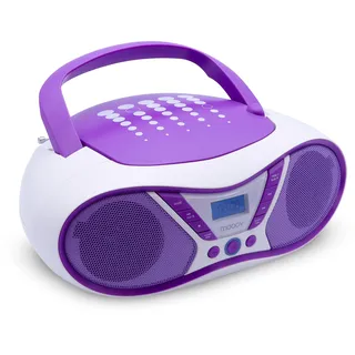 MOOOV 477404 Tragbarer CD-Player mit Radio, USB, Lautsprecher - Mini Kofferradio für Kinder & Senioren, Retro Design, MP3 - Ideal für Küche & Kinderzimmer - Netzbetrieb oder Batterien - Lila