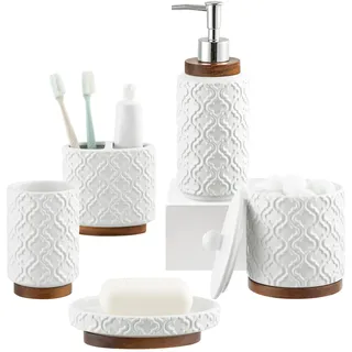 RQYIXI Badezimmer-Zubehör-Set, Zahnbürstenhalter, Seifenspender, Keramik-Badezimmer-Set mit Wattestäbchenbehälter, Zahnputzbecher, Seifenschale, Becher, 5-teilig
