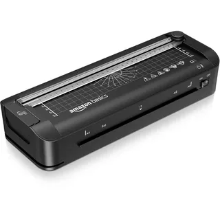 Amazon Basics 3-in-1-Thermolaminiergerät für A4-Größe, mit Funktionen zum Schneiden, Stanzen und Abrunden von Ecken, inkl. 10 Hüllen, EU-Stecker, Schwarz