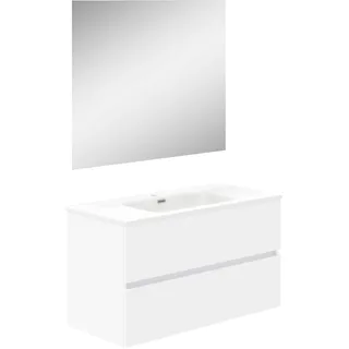 Baikal Badezimmerschrank, Zwei Schubladen, Wandmontage, mit Waschbecken, Melamin 16, montiert, Möbel 90 cm, Weiß mit Spiegel Mond