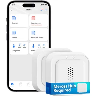 Meross Matter Smart Wassermelder(Hub benötig), 0,3mm Erkennungbis, 2pcs | Wasserlecksensor bis 100dB Sensor&APP&Hub-Alarm, für Küche, Badezimmer, Keller, kompatibel mit Apple HomeKit, Alexa, Google
