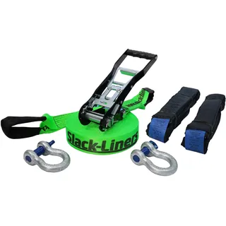 Slackline Komplett-Set - 6-Teilig - 50mm breit - 15m lang Grün - mit Langhebelratsche und Baumschutz - Made in Germany