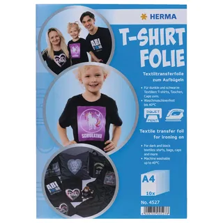 HERMA Transferpapier zum Aufbügeln, Bügelfolie zum Bedrucken, 10 Blatt A4 | T-Shirt Transferfolie für dunkle Textilien, Bügelpapier für Tintenstrahldrucker, Textilfolie zum Plottern, schwarz, Art. 4527