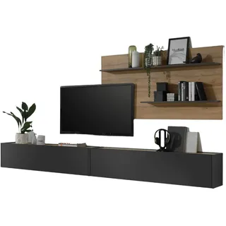 furn.design Wohnwand Grau, Eiche Wotan, Holzwerkstoff, Nachbildung,Eiche, Uni, Holz Optik, 300x180x30 cm, Wohnzimmer, Wohnwände, Anbauwände
