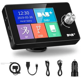 DAB+ Adapter für Autoradio, DAB Adapter Stereoanlage mit 2,8 Zoll LCD-Display, Plug & Play Auto FM Transmitter mit Bluetooth Freisprechen und Musik Spielen, Tragbarem DAB Empfänger mit Aux-In/Out