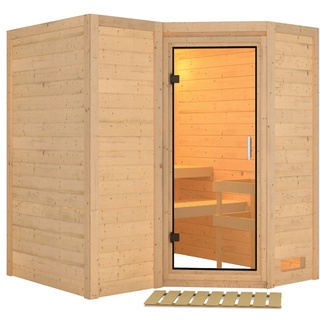 Woodfeeling Karibu Sauna Sahib 1 Eck,ohne Zubehör klarglas Ganzglastür inkl. 8-teiligem gratis Zubehörpaket (Gesamtwert 191,92€)