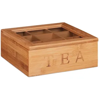 Relaxdays Teebox Bambus, mit 9 Fächern, quadratische Teekiste, Sichtfenster, für Teebeutel, HBT: 8,5 x 22 x 22 cm, natur