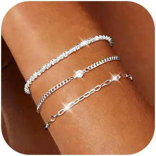 EJRUP 3 Stück Armband Damen Silber 925 Armbänder Silver Armband Set 14 Karat Armbänder Damen Mit Cubic Zirkonia Verstellbare Stapelbare Kettenarmband Schmuck für Damen Mädchen als Geschenk Jubiläum