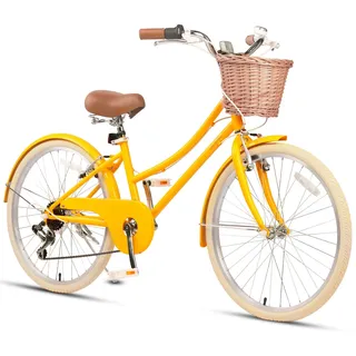 Glerc 24" Mädchen Cruiser Bike 6-Gang Cruiser Frauen Hybird Fahrrad für Alter 7 8 9 10 11 Jahre alt mit Weidenkorb, Lightweight Rahmen und Gabel, gelb