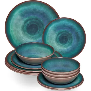 Melamin Geschirr Set Jesolo Grün für 4 Personen - 12 Teile - Steingutoptik Spülmaschinengeeignet Essgeschirr Campingzubehör Campinggeschirr Wohnwagen Camping Festival Picknick Gartenparty