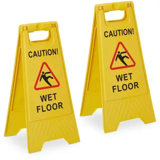 Relaxdays Rutschgefahr Aufsteller Caution Wet Floor", 2er Set, klappbar, beidseitig beschriftet, Kunststoff, gelb