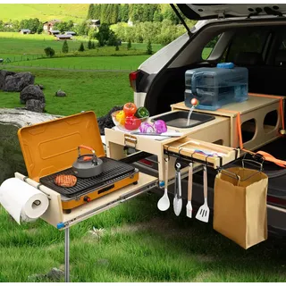 JAGAHAHA Overland Campingbox für Auto, Klappbare Campingküche mit Spüle, küchenbox Camping, Stauraum und Platz für 2 Brenner - Perfekt für Kochen, Waschen, Schneiden, Schneller Aufbau in 1 Min