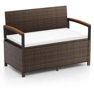 FANTASK Polyrattan Gartenbank mit 175 L Stauraum, 120 x 61 x 84 cm, 2-Sitzer wetterfeste Balkonbank mit Kissen, Sitzbank mit integrierter Kissenbox, Truhenbank für Garten, Balkon, Terrasse (Weiß)