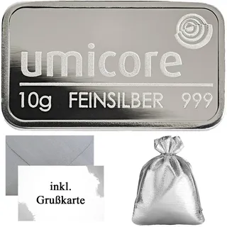 Silberbarren Umicore 999 Feinsilber – LBMA-zertifiziert – Anlagesilber mit Geschenkverpackung und Grußkarte (10g Silber)
