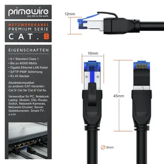 Primewire Patchkabel CAT 8 mit Baumwollummantelung - Gigabit Ethernet LAN Kabel - 40 Gbit/s - S/FTP PIMF Schirmung - Netzwerkkabel - 3m