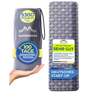 alpenwert Isomatte aufblasbar ultraleicht 531 g 190x60 cm 40D Ripstop Nylon, (Set), Kleines Packmaß, Ultra Leicht, GRATIS Reparatur Kit grau
